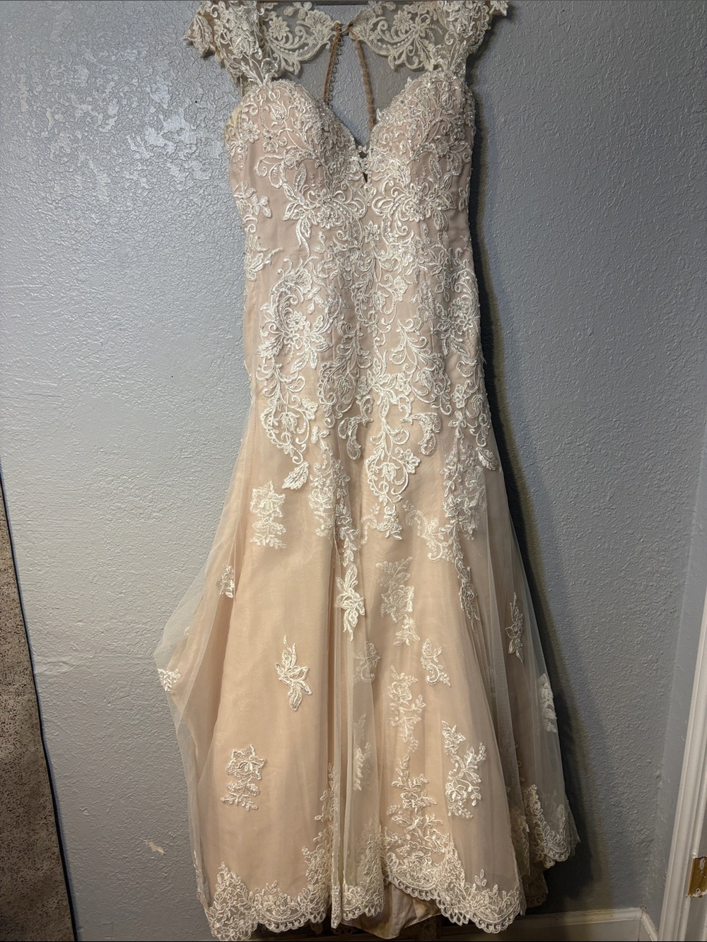 Ivory-Blush Lace A-Line Wedding Dress with Cap Sleeves